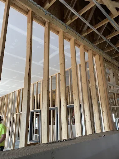 Wood framing of exterior walls on a new building